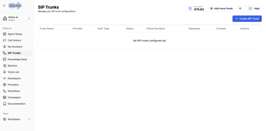 Bolna SIP Trunks dashboard - manage SIP trunk configurations