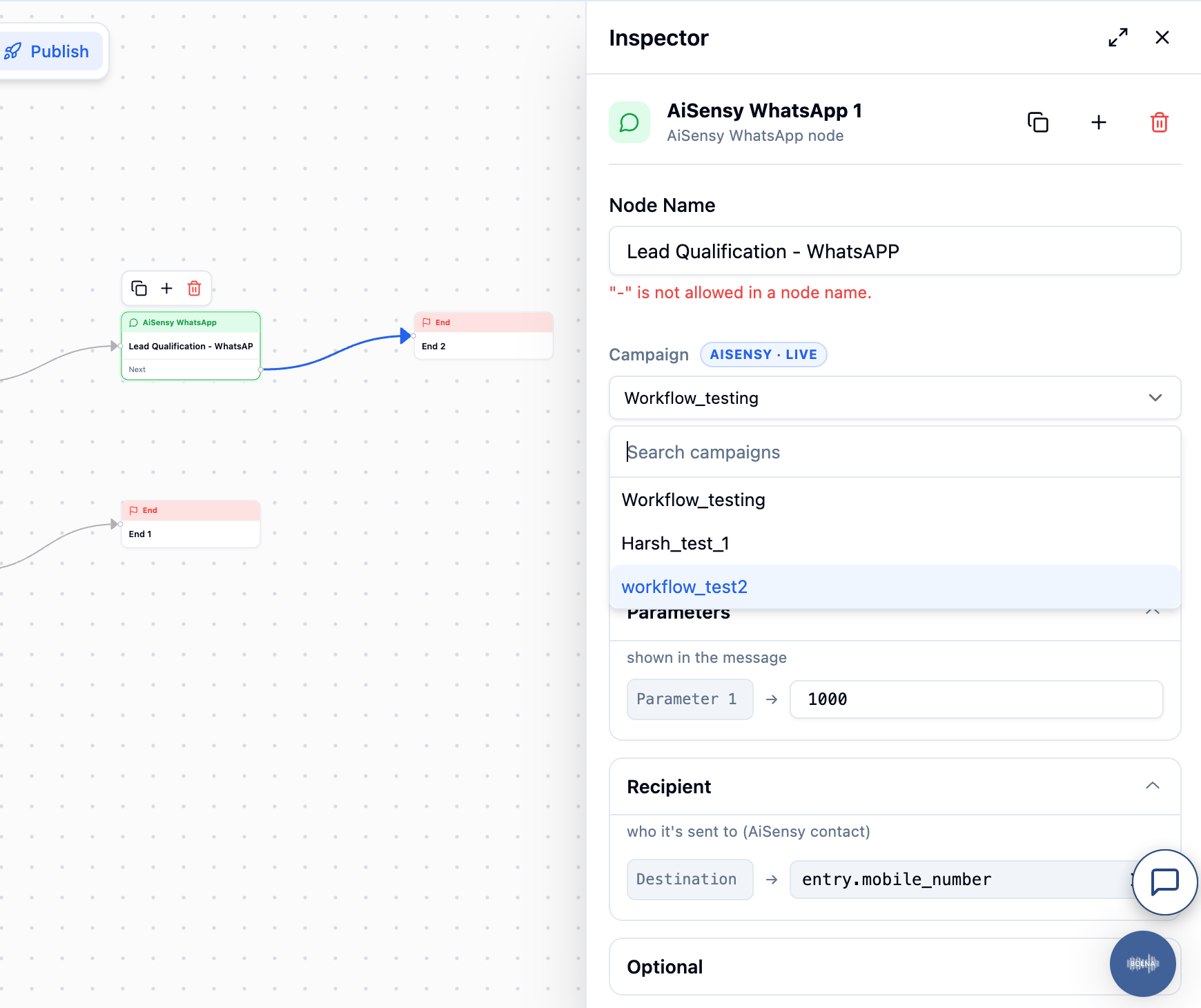 The node inspector with the AiSensy campaign dropdown open, listing live campaigns, with Parameters and Recipient sections below mapping the destination to entry.mobile_number