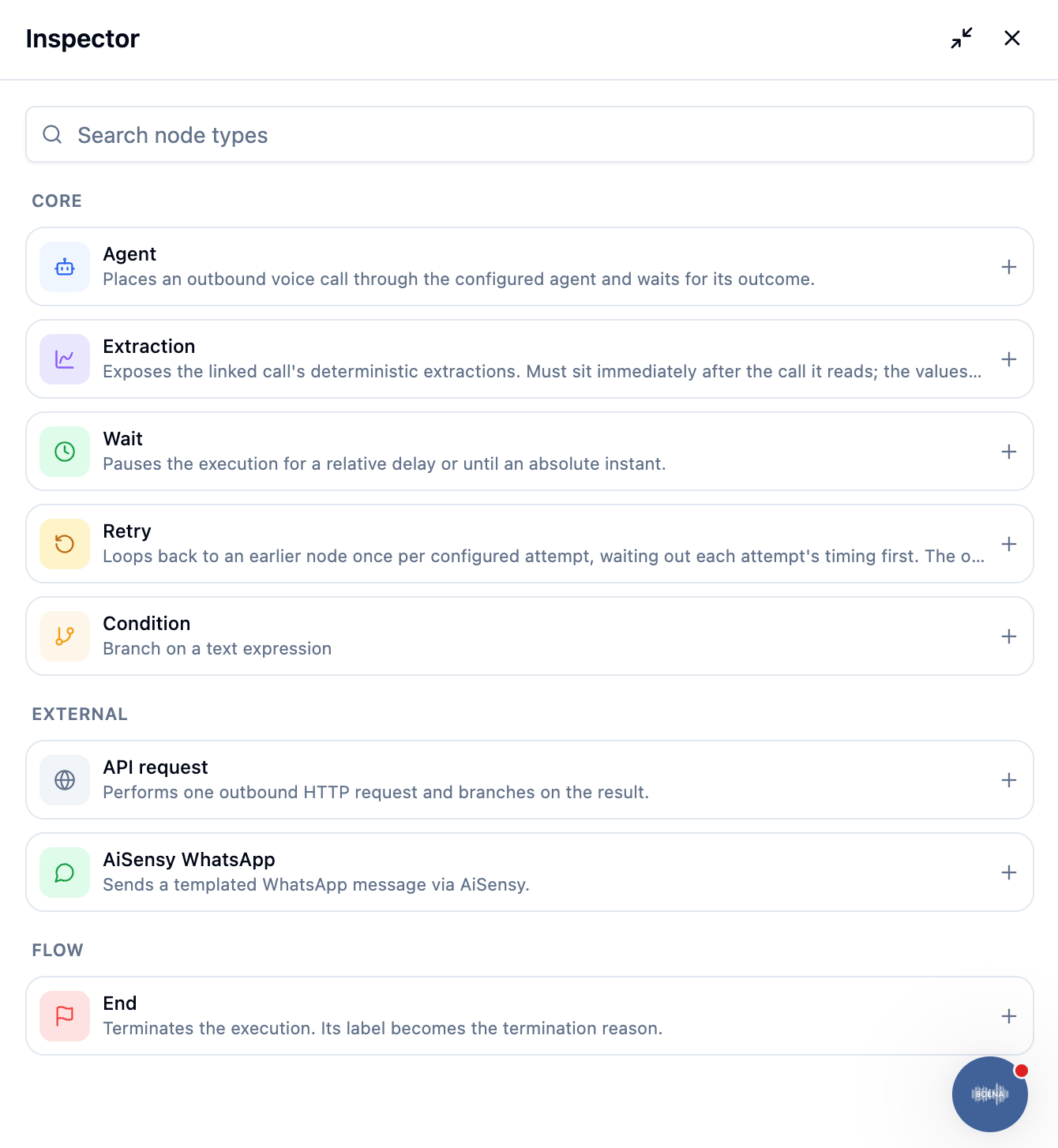 The node catalog in the inspector: Core nodes Agent, Extraction, Wait, Retry and Condition; External nodes API request and AiSensy WhatsApp; and the Flow node End