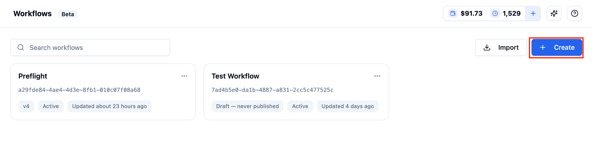 The Workflows page in the Bolna dashboard, listing a Preflight workflow and a Test Workflow, with Import and Create buttons at the top right